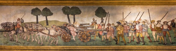 Ceiling fresco with soldiers and cannons, Wawel Royal Castle, former residence and seat of government of the kings of Poland, founded around 1000, Krakow, Poland