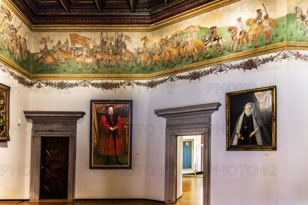 Museum room with ceiling fresco, Wawel Royal Castle, former residence and government seat of the kings of Poland, founded around 1000, Krakow, Poland
