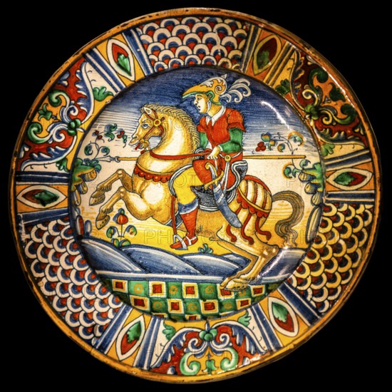 Horse-rider, ceramic plate, Deruta, 16th century, Wawel Royal Castle, former residence and seat of government of the kings of Poland, founded around 1000, Krakow, Poland