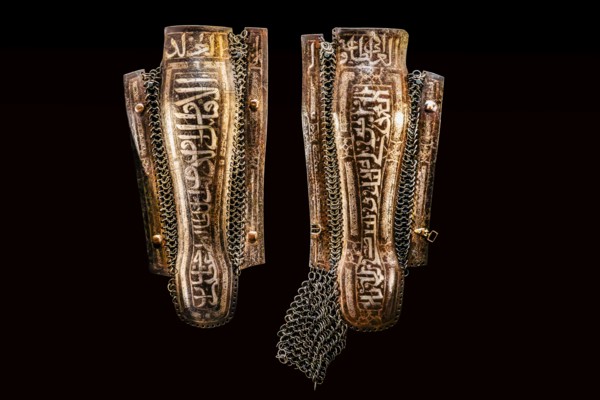 Pair of steel and silver greaves (buturluks), Turkey 16th century, Wawel Royal Castle, former residence and seat of government of the kings of Poland, founded around 1000, Krakow, Poland