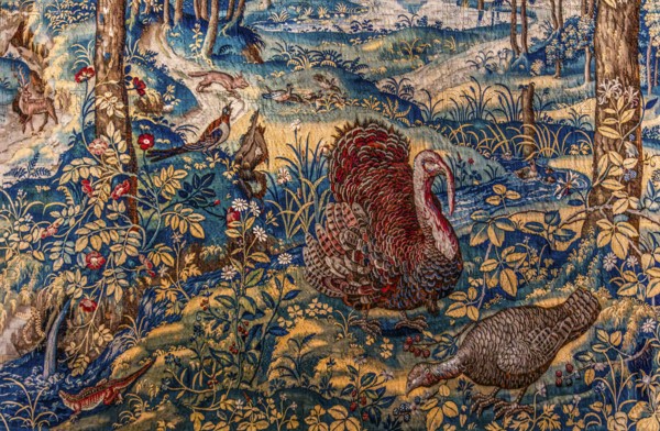 Turkey in the forest tapestry, detail, van Herzeele, Brussels, around 1580, Wawel Royal Castle, former residence and seat of government of the kings of Poland, founded around 1000, Krakow, Poland