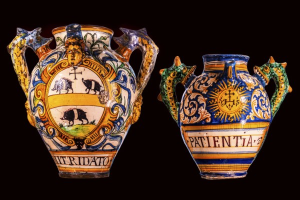 Pharmacy jar with the inscription Patientia, Montelupo, 16th century, Wawel Royal Castle, former residence and government seat of the kings of Poland, founded around 1000, Krakow, Poland