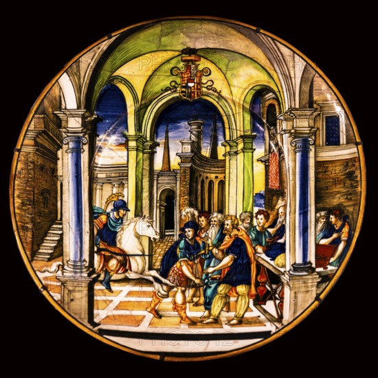 Pottery depicting Camillus saving Rome and the coat of arms of Paleolog-Montferrat, Nicola da Urbino around 1533, Wawel Royal Castle, former residence and seat of government of the kings of Poland, founded around 1000, Krakow, Poland