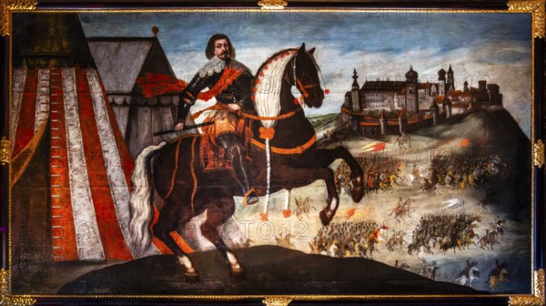 Portrait of King Ladislas IV on horseback with a view of Wawel, Poland, 18th century, Wawel Royal Castle, former residence and seat of government of the kings of Poland, founded around 1000, Krakow, Poland