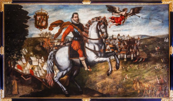 Equestrian portrait of King Sigismund III in front of Smolensk Fortress during the Polish-Russian War 1609—1618, Krakow 1611, Wawel Royal Castle, former residence and seat of government of the Kings of Poland, founded around 1000, Krakow, Poland