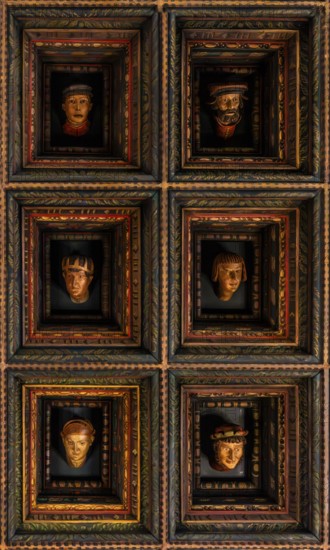 Wawel heads, coffered ceiling in the Hall of Ambassadors, Renaissance sculptures around 1540 by Tauerbach and Snycerz, allegories of estates, Wawel Royal Castle, former residence and seat of government of the kings of Poland, founded around 1000, Krakow, Poland