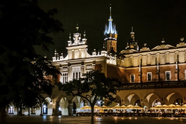 Night view of Rynek with Cloth Hall, from 13th century, Main Market Square, city landmark, Krakow, Poland