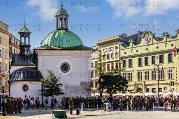 Polish National Military Festival, Rynek with Cloth Hall, from 13th century, Main Market Square, city landmark, Krakow, Poland
