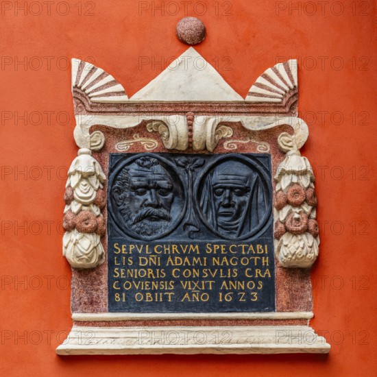 Memorial plaque at St. Mary's Basilica for Adam Nagoth senior, a councilman who died in 1623 at the age of 81, St. Mary's Church, 14th century, Krakow, Poland
