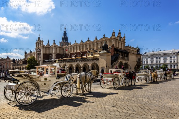 Carriage in front of Rynek with Cloth Hall, from 13th century, Main Market Square, landmark of the city, Krakow, Poland