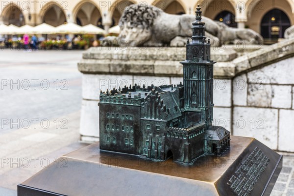 Model, town hall tower on Rynek, rest of the town hall built in the 13th century, Rynek with cloth halls, from 13th century, main market square, landmark of the city, Krakow, Poland