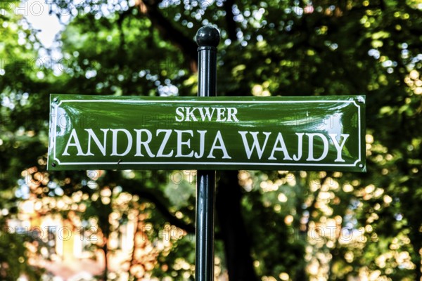Street sign in honor of eminent Polish film director Andrzej Wajda, Krakow, Poland