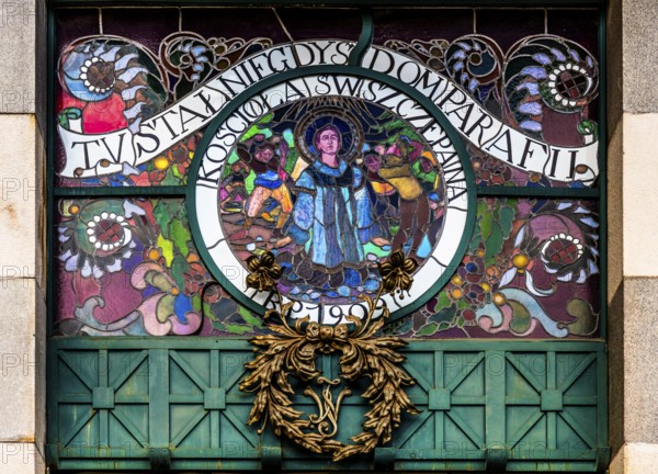 Stained glass window with reference to the former St. Stephen's Church, Krakow, Poland