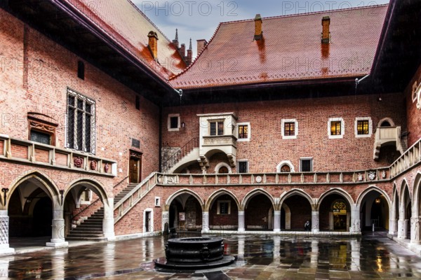 Arcade courtyard with fountain, Collegium Maius oldest building of the Jagellonian University, 1364, Krakow, Poland