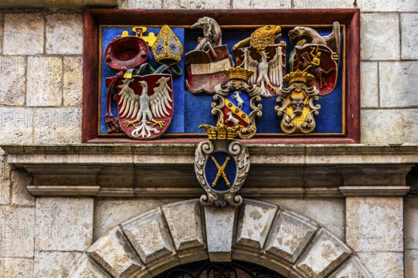 Entrance portal with coat of arms, Collegium Maius oldest building of the Jagellonian University, 1364, Krakow, Poland