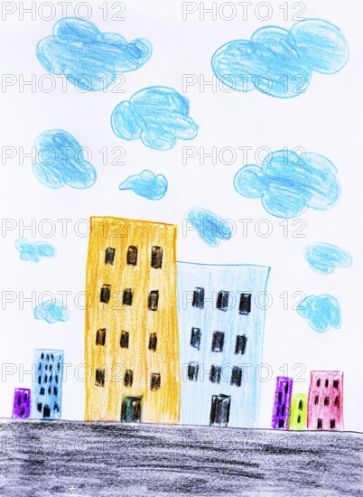 Naive illustration, children's drawing, colorful skyscrapers with clouds, Austria