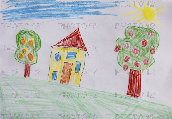 Naive illustration, children's drawing, residential building in the garden with fruit trees, Austria