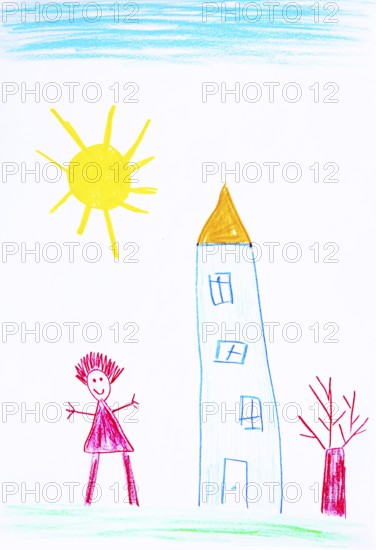 Naive illustration, children's drawing, happy woman standing in front of a residential building, sun and clouds, Austria