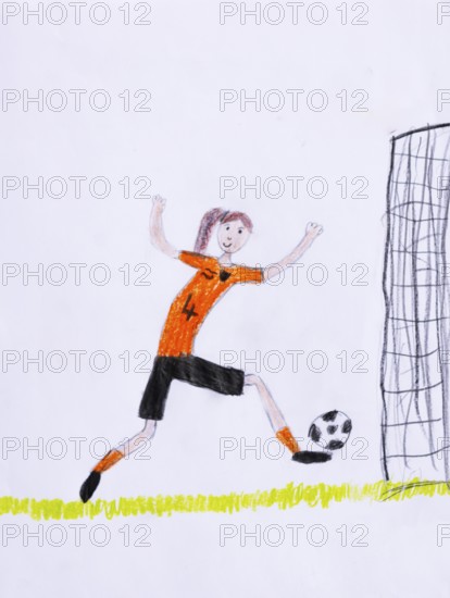 Naive illustration, children's drawing, girl playing soccer, soccer Austria