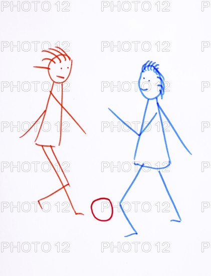 Naive illustration, children's drawing, two children playing soccer, line art, Austria