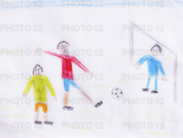 Naive illustration, children's drawing, children playing soccer in front of the goal, Austria
