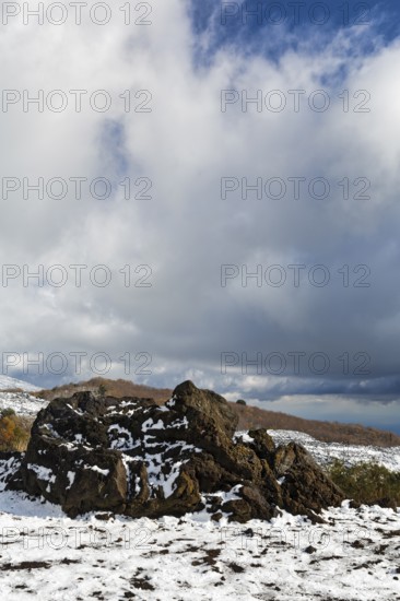 Barren volcanic landscape with remnants of snow, lava rock, Etna, Etna, Catania, Sicily, Italy