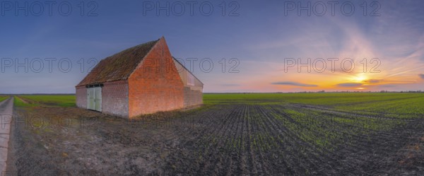 View of a field on which a rural building made of baked stone stands at sunset, Aschwarden, Schwanewede, Lower Saxony, Germany
