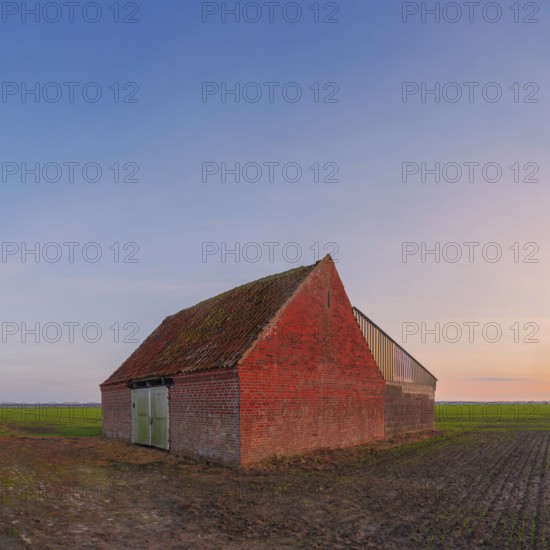 View of a rural building made of baked stone standing in a field at sunset, Aschwarden, Schwanewede, Lower Saxony, Germany