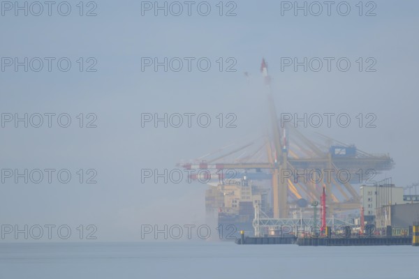 View of the river quay in Bremerhaven in fog, Bremen, Germany