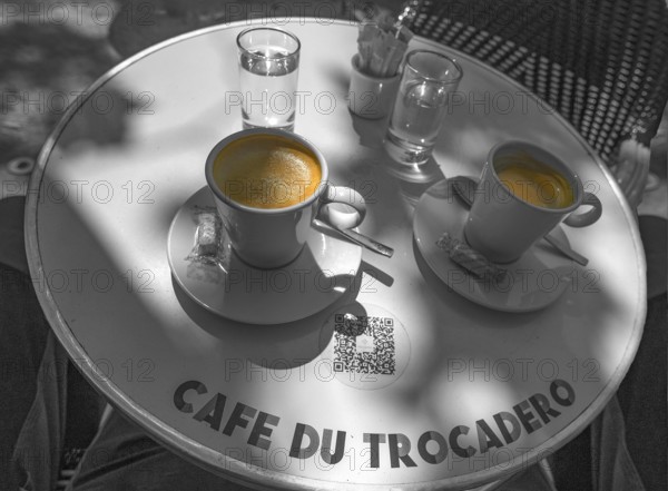 Two espressos on a bistro table in a cafe, black and white, Paris, France