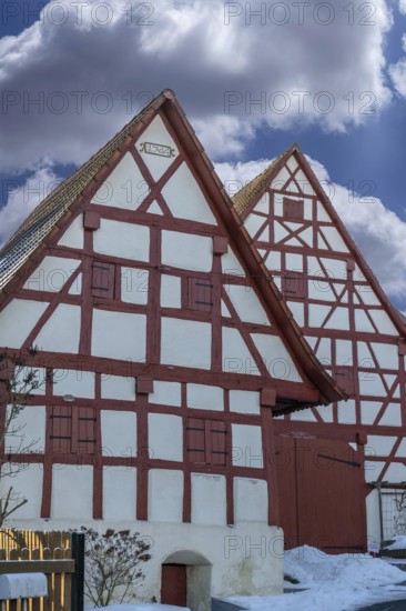 Timbered gables of historic farmhouses, built in 1744, Neunkirchen near Lauf an der Pegnitz, Middle Franconia, Bavaria, Germany