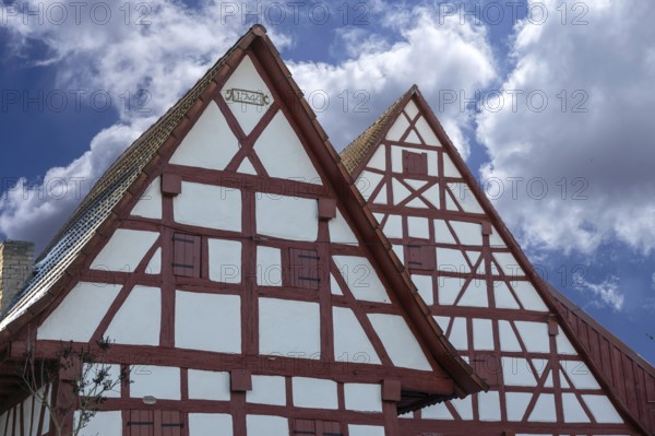 Timbered gables of historic farmhouses, built in 1744, Neunkirchen near Lauf an der Pegnitz, Middle Franconia, Bavaria, Germany