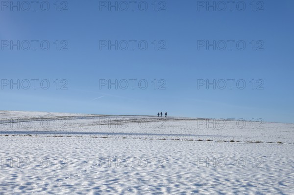 Snowy landscape with three hikers, blue sky, Beerbach, Middle Franconia, Bavaria, Germany