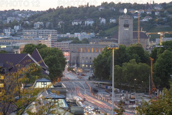 19 Sep 2018 at dusk, glowing city lights with view to central station and skyline. Stuttgart, Baden-Wurttemberg, Germany