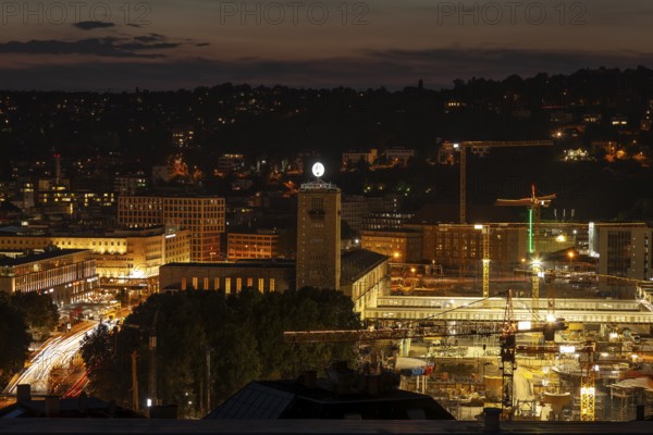 12 Sep 2018 at dusk, glowing city lights with view to central station and skyline. Stuttgart, Baden-Wurttemberg, Germany