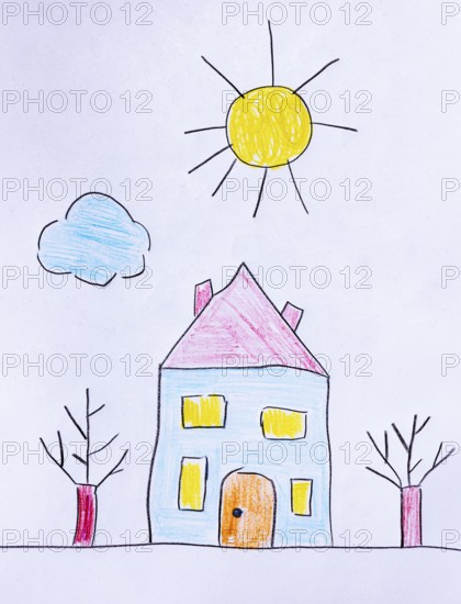 Naive illustration, children's drawing, house in the garden, sunshine and cloud, Austria