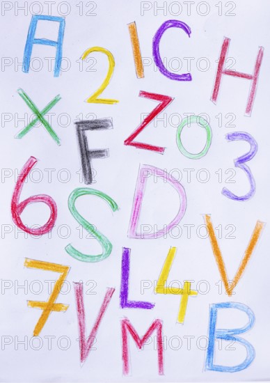 Naive illustration, children's drawing, colorful letters and numbers, Austria