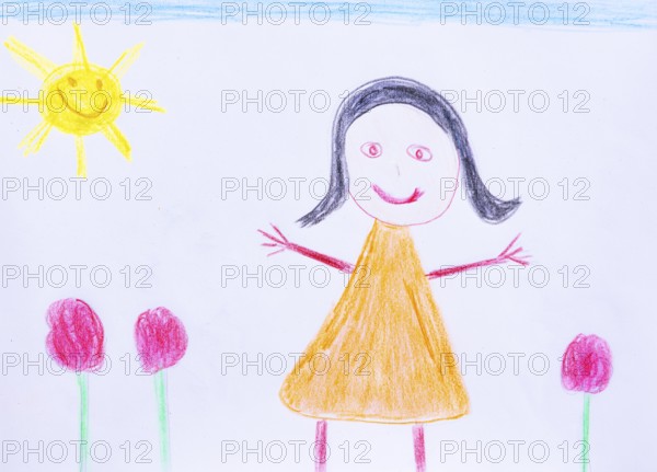Naive illustration, children's drawing, Happy girl standing in a flower meadow, Austria