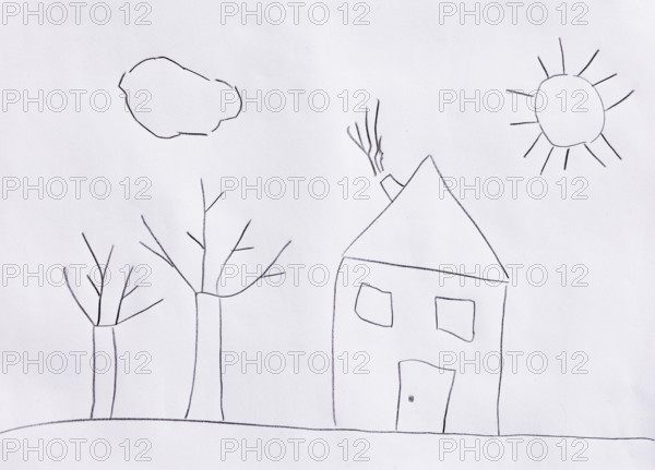Naive illustration, children's drawing, house in the garden with trees and sun, Austria