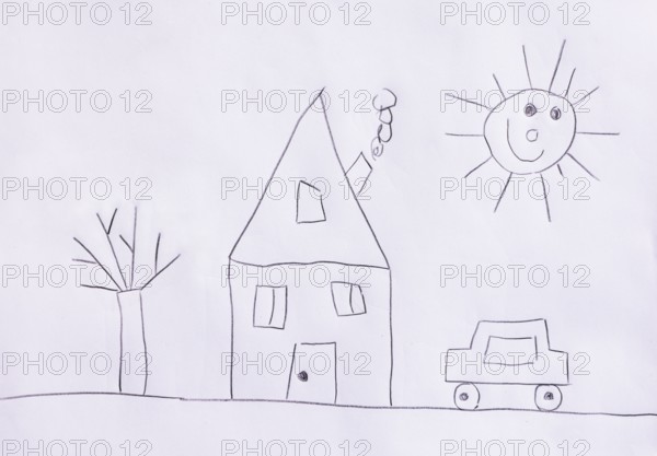 Naive illustration, children's drawing, house in the garden with car and sun, Austria