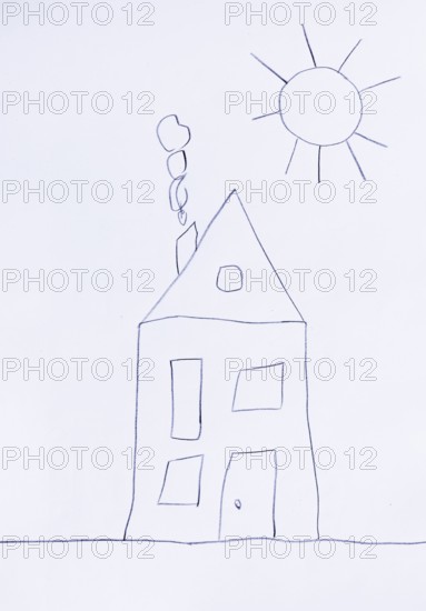 Naive illustration, children's drawing, house in the garden with sun, Austria