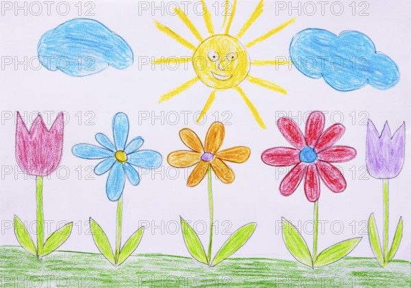 Naive illustration, children's drawing, colorful flower meadow with sun and clouds, Austria