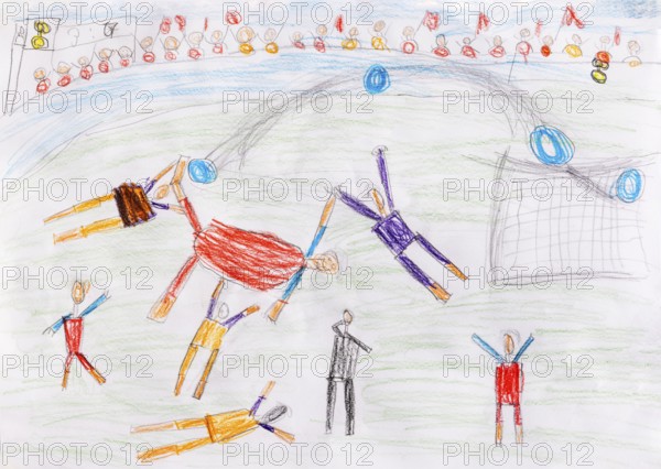 Naive illustration, children's drawing, children playing soccer, Austria