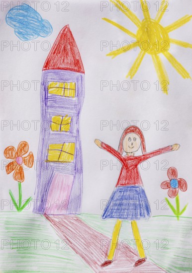 Naive illustration, children's drawing, happy woman standing in front of a residential building, sun and clouds, Austria