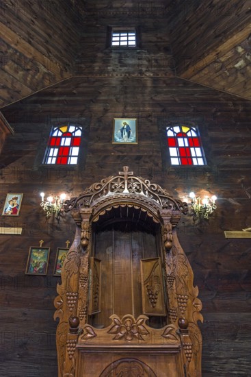 Interior of the historic wooden Trinity Church, Zhovkva city, Ukraine