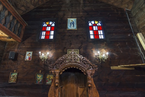Interior of the historic wooden Trinity Church, Zhovkva city, Ukraine