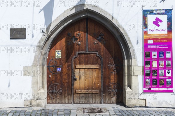 Gate of Matthias Corvinus House, 15th century, oldest building in the city, today Institute of Fine Arts, Cluj-Napoca, Transylvania, Romania
