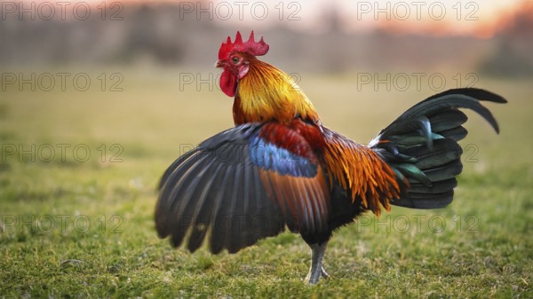 Domestic fowl (Gallus gallus domesticus), wing-flapping colourful rooster and cock with outstretched wings standing in open field in a meadow in morning light, Baden-Württemberg, Germany