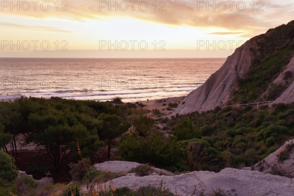 Scala dei Turchi chalk cliffs, coastline at sunset, Realmonte, Agrigento, Sicily, south coast, Mediterranean Sea, Italy