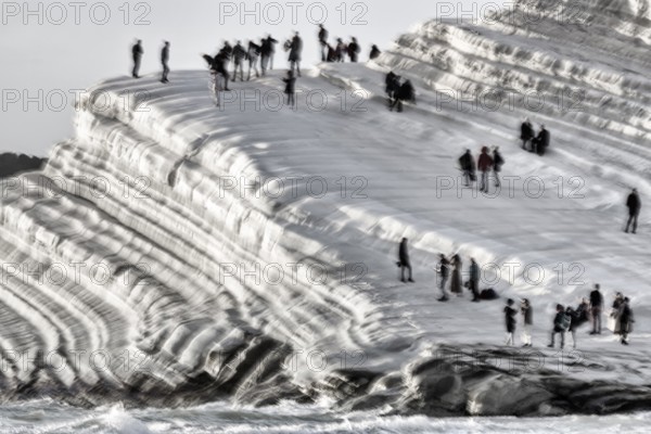 Terraced chalk cliffs Scala dei Turchi, anonymous walkers on Turkish steps, illustration, monochrome, Realmonte, Agrigento, Sicily, south coast, Mediterranean, Italy